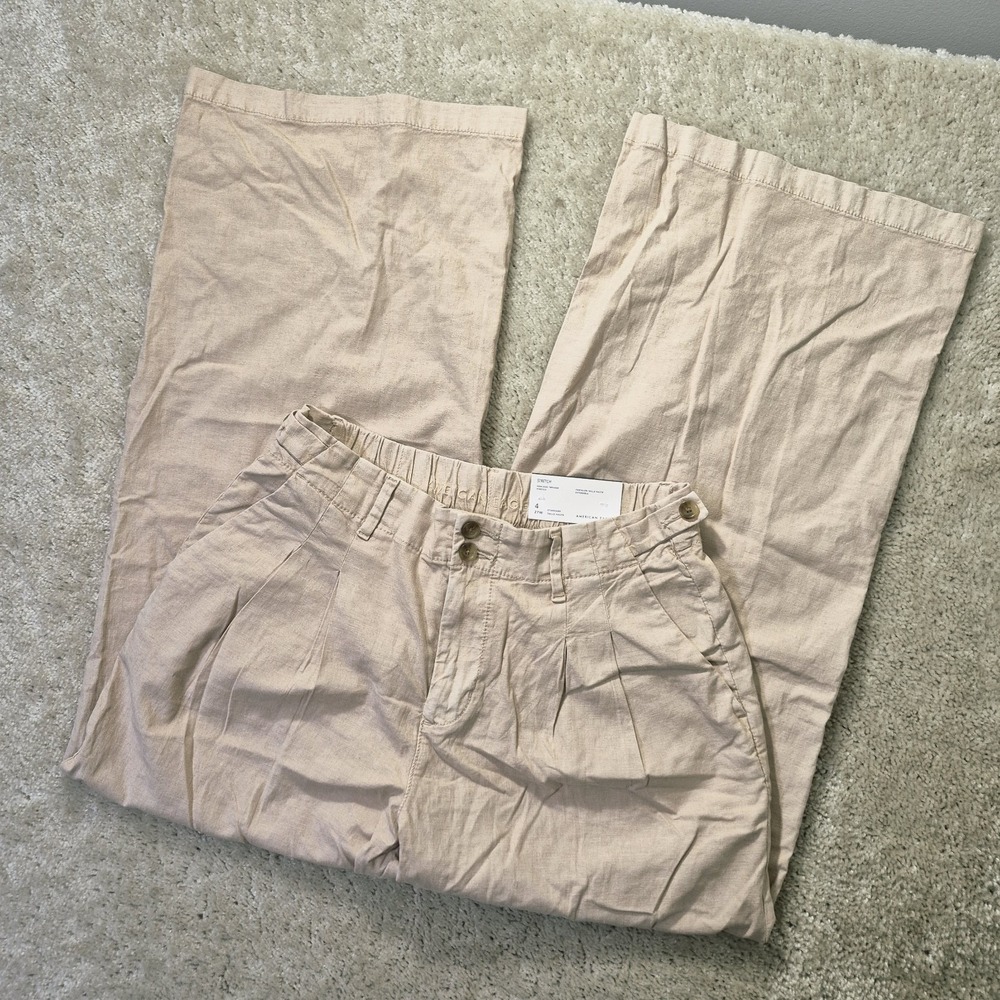 American Eagle Pants Womens 4 Wide Leg Pleated Trouser Linen Boho Workwear New